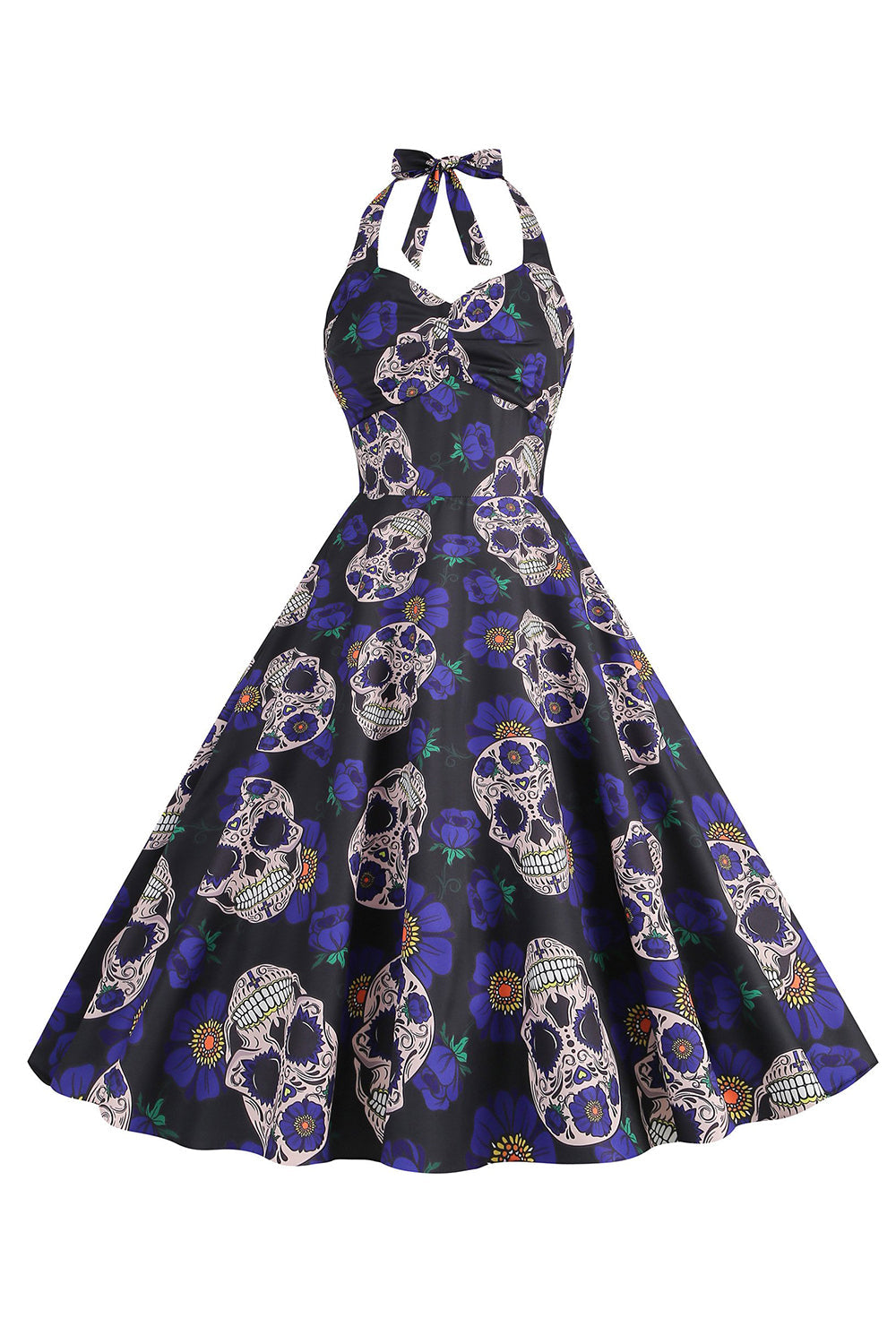 Halloween Schwarzes Neckholder Kürbis Kleid aus den 1950er Jahren