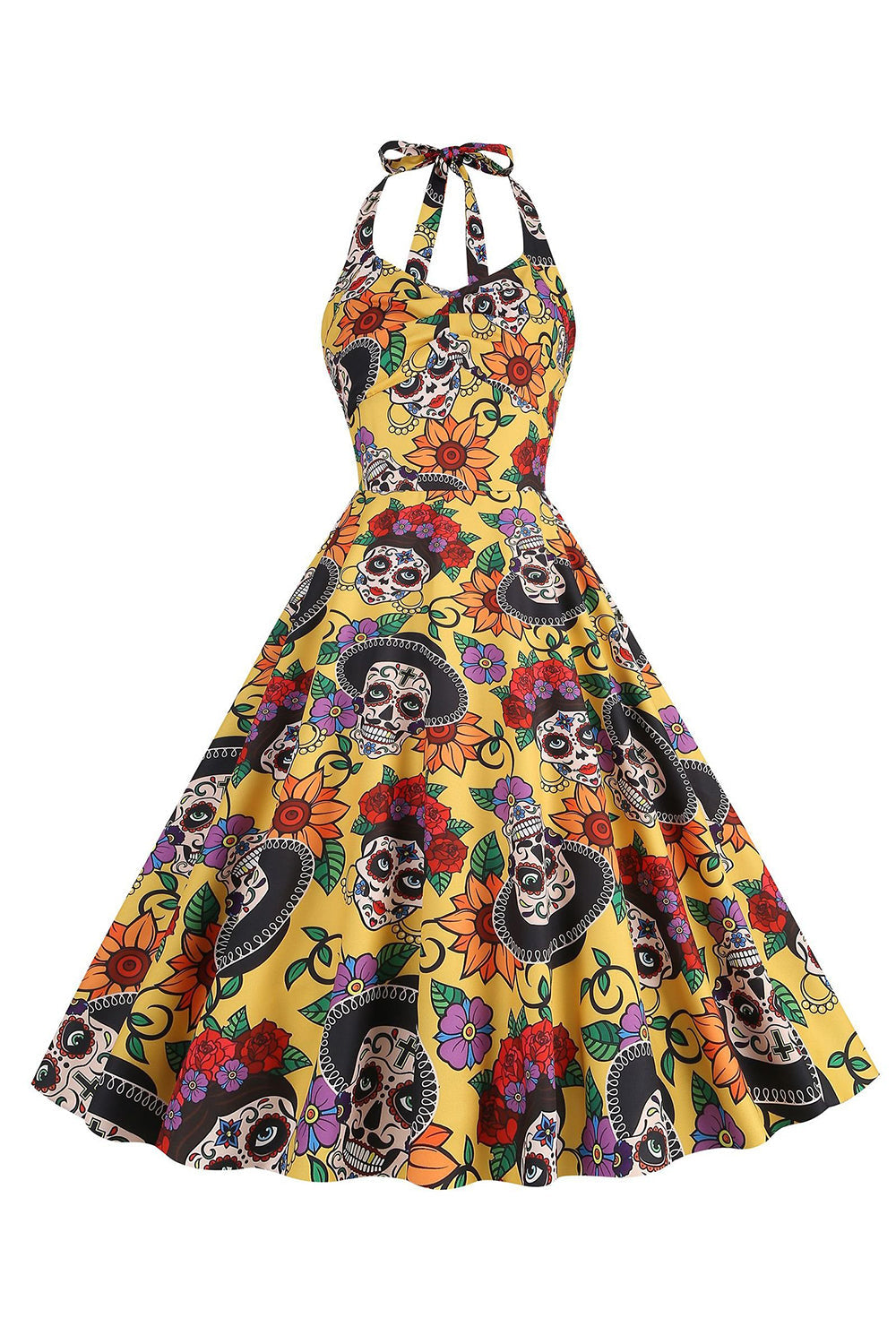 Halloween Schwarzes Neckholder Kürbis Kleid aus den 1950er Jahren