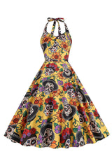 Halloween Schwarzes Neckholder Kürbis Kleid aus den 1950er Jahren