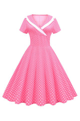Rosa Polka Dots V-Ausschnitt Kurzärmeliges Kleid aus den 1950er Jahren