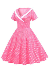 Rosa Polka Dots V-Ausschnitt Kurzärmeliges Kleid aus den 1950er Jahren