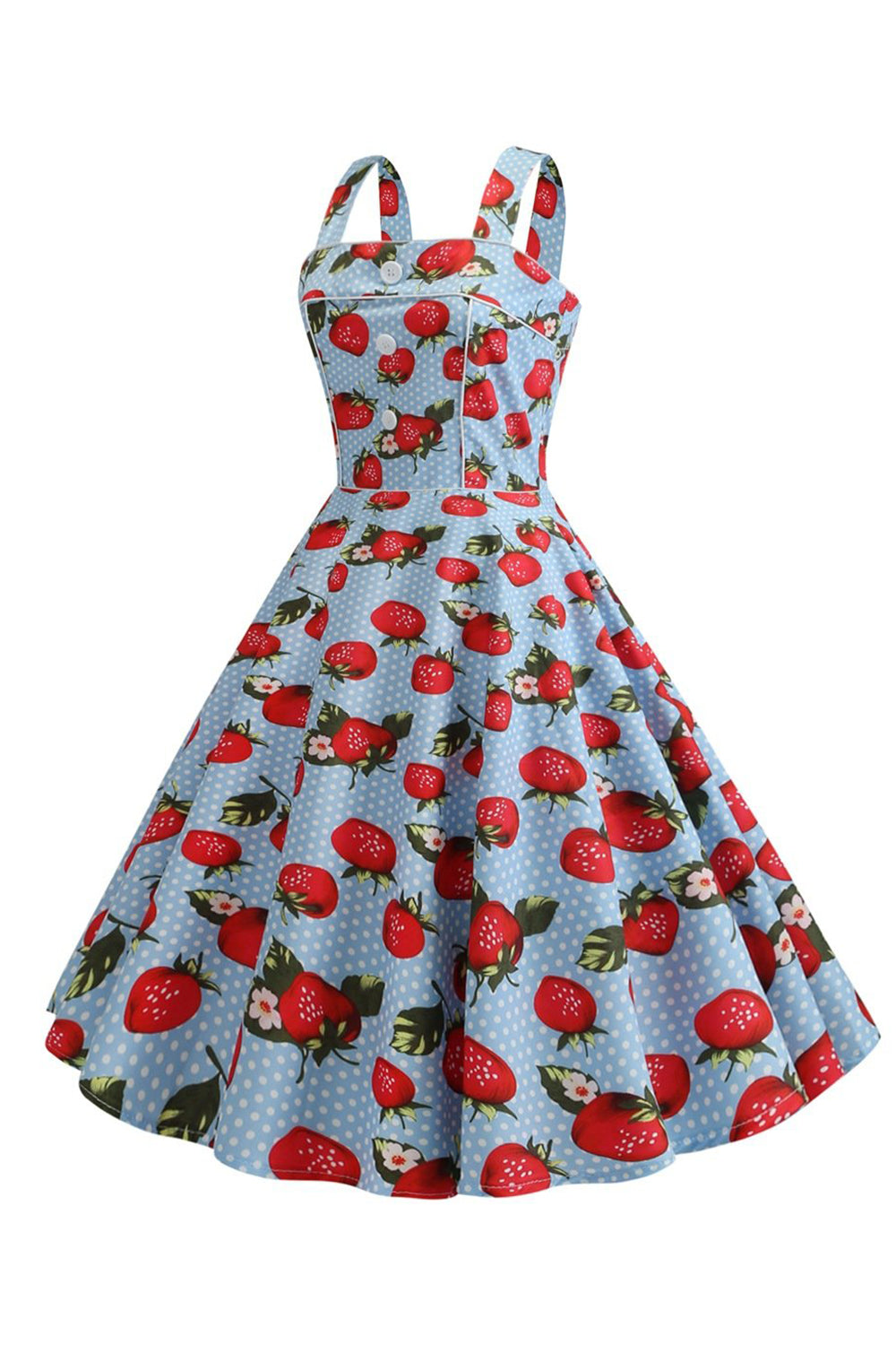 Erdbeeren Bedrucktes blaues ärmelloses Kleid aus den 1950er Jahren