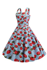 Erdbeeren Bedrucktes blaues ärmelloses Kleid aus den 1950er Jahren