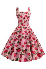 Erdbeeren Bedrucktes blaues ärmelloses Kleid aus den 1950er Jahren