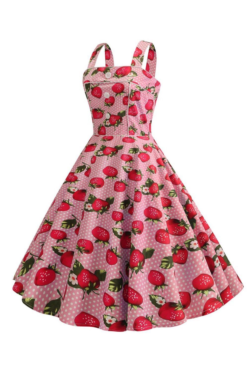 Erdbeeren Bedrucktes blaues ärmelloses Kleid aus den 1950er Jahren