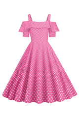 Kalte Schulter Polka Dots Rosa 1950er Jahre Kleid