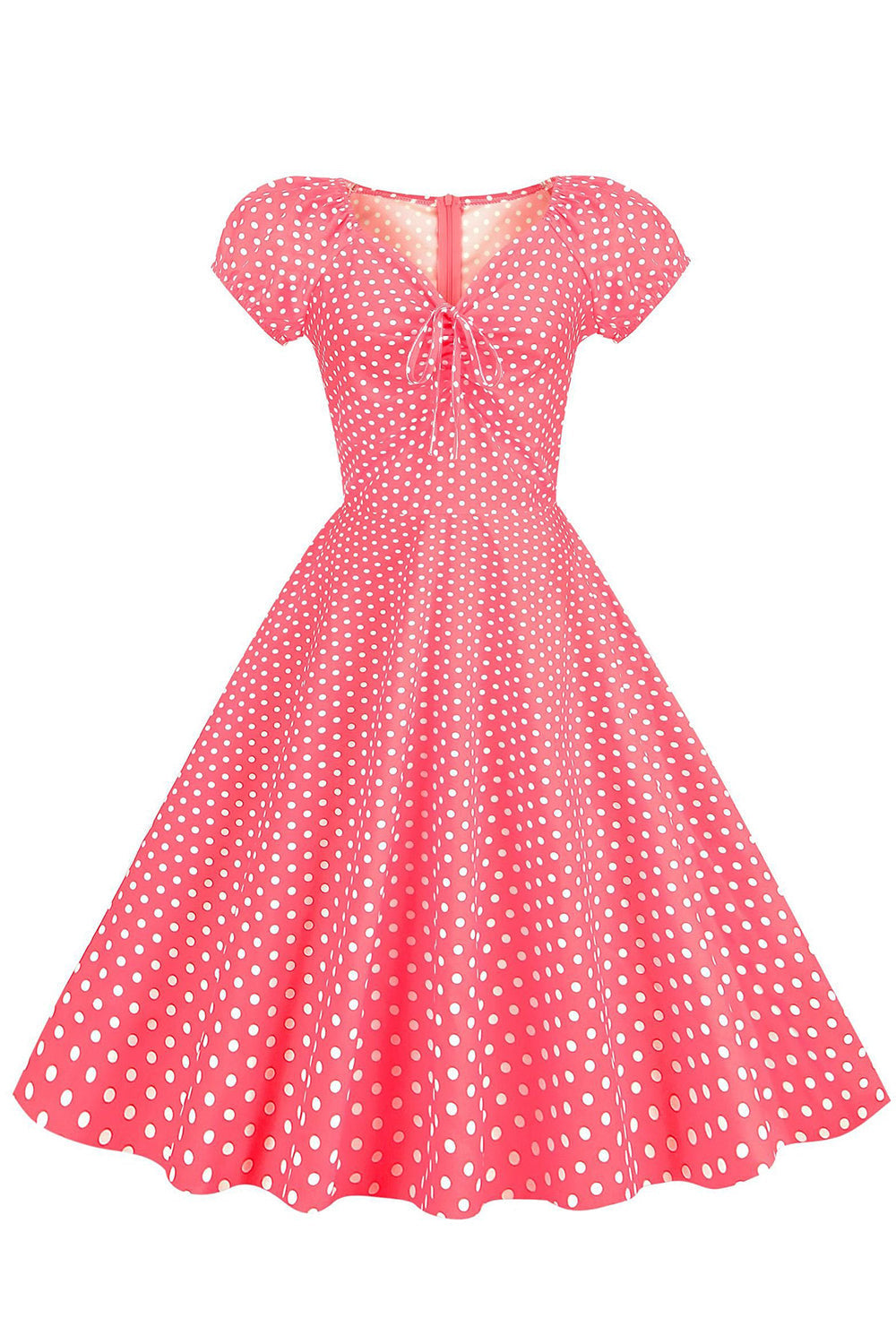 Rosa Rot Polka Dots Puffärmel 1950er Jahre Kleid