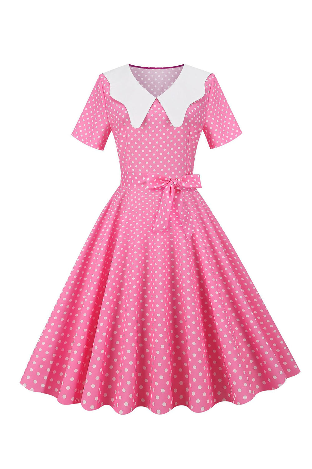 Rosa gepunktetes Peter Pan Vintage Kleid mit kurzen Ärmeln