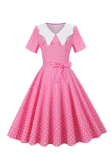 Rosa gepunktetes Peter Pan Vintage Kleid mit kurzen Ärmeln
