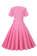 Rosa gepunktetes Peter Pan Vintage Kleid mit kurzen Ärmeln