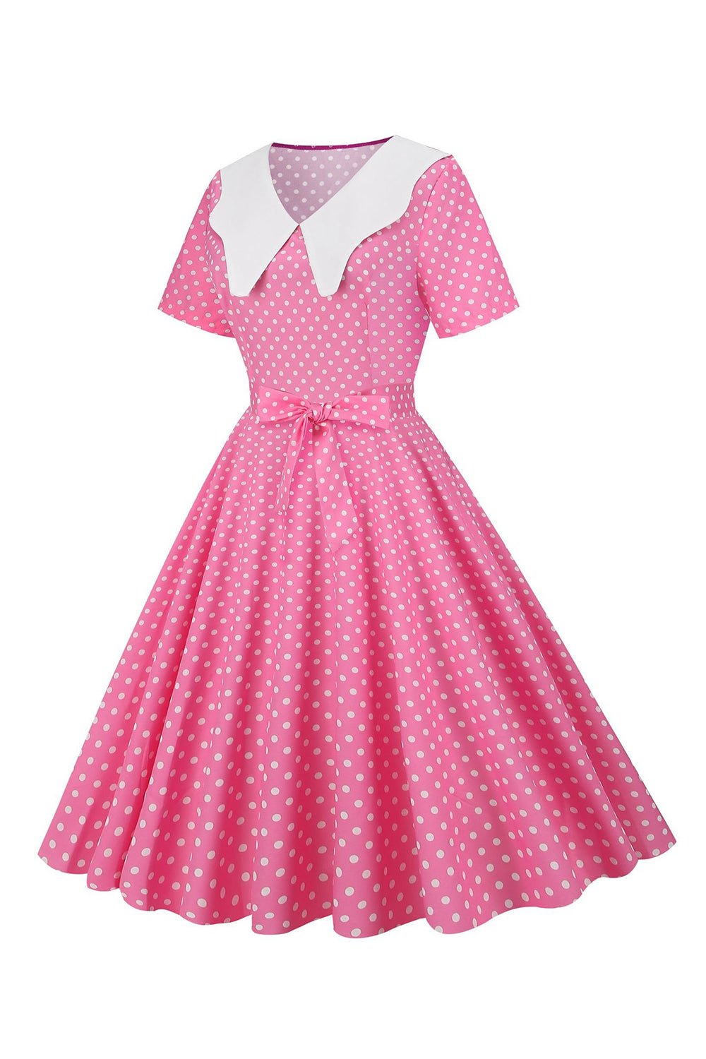 Rosa gepunktetes Peter Pan Vintage Kleid mit kurzen Ärmeln