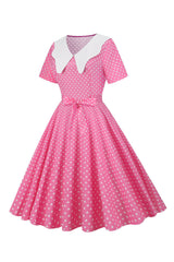 Rosa gepunktetes Peter Pan Vintage Kleid mit kurzen Ärmeln