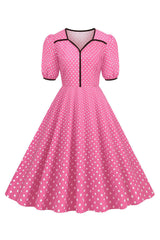 Rosa Kurzärmeliges Polka Dots Kleid aus den 1950er Jahren