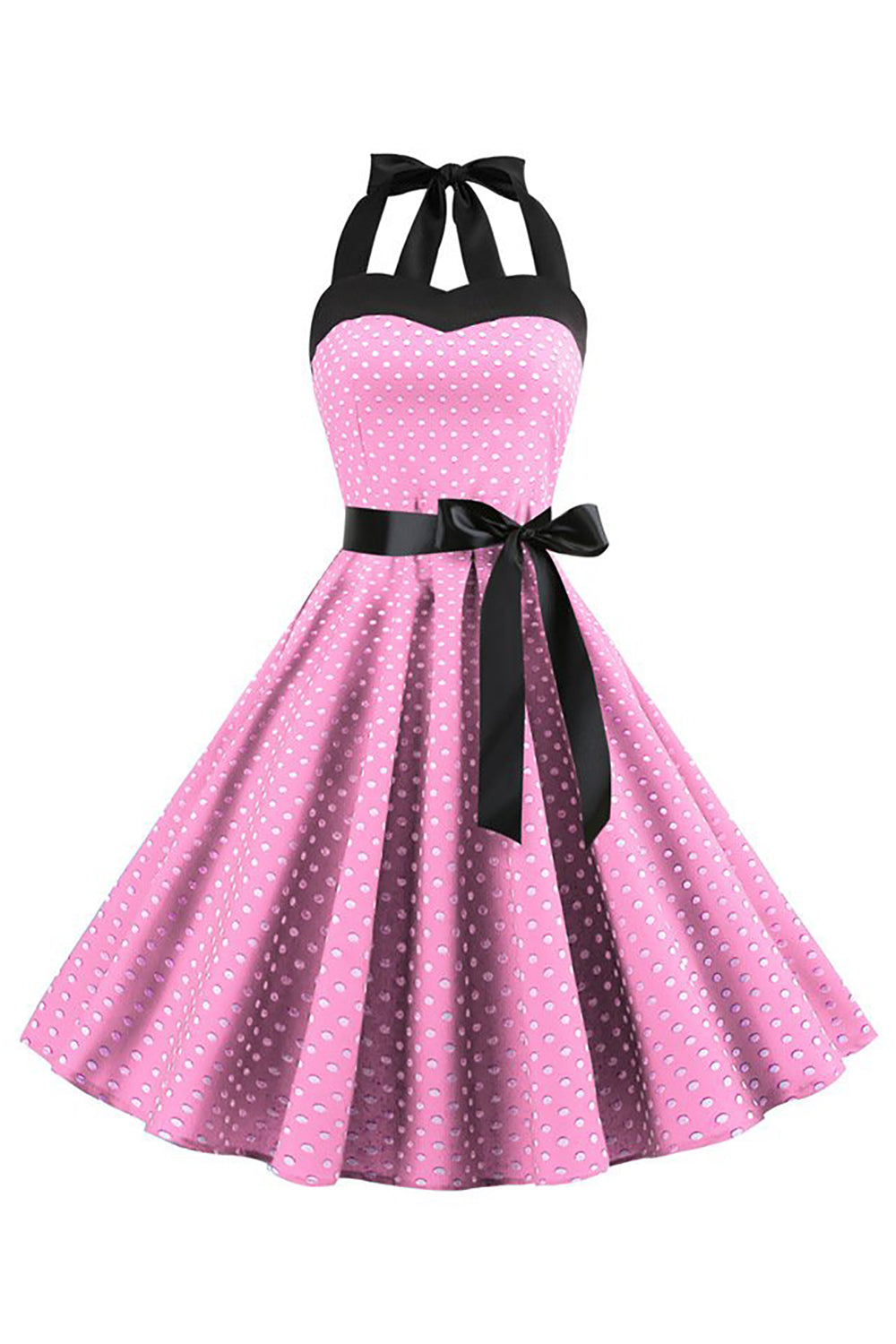 Rosa Polka Dots Neckholder Kleid aus den 1950er Jahren mit Schleife