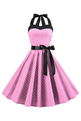 Rosa Polka Dots Neckholder Kleid aus den 1950er Jahren mit Schleife
