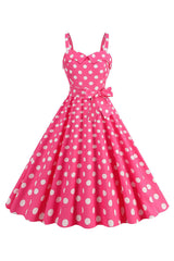 Rosa Spaghettiträger Polka Dots 1950er Jahre Kleid mit Schleife