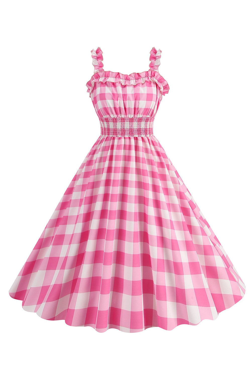 Rosa kariertes A Linie gesmoktes Kleid aus den 1950er Jahren