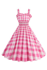 Rosa kariertes A Linie gesmoktes Kleid aus den 1950er Jahren