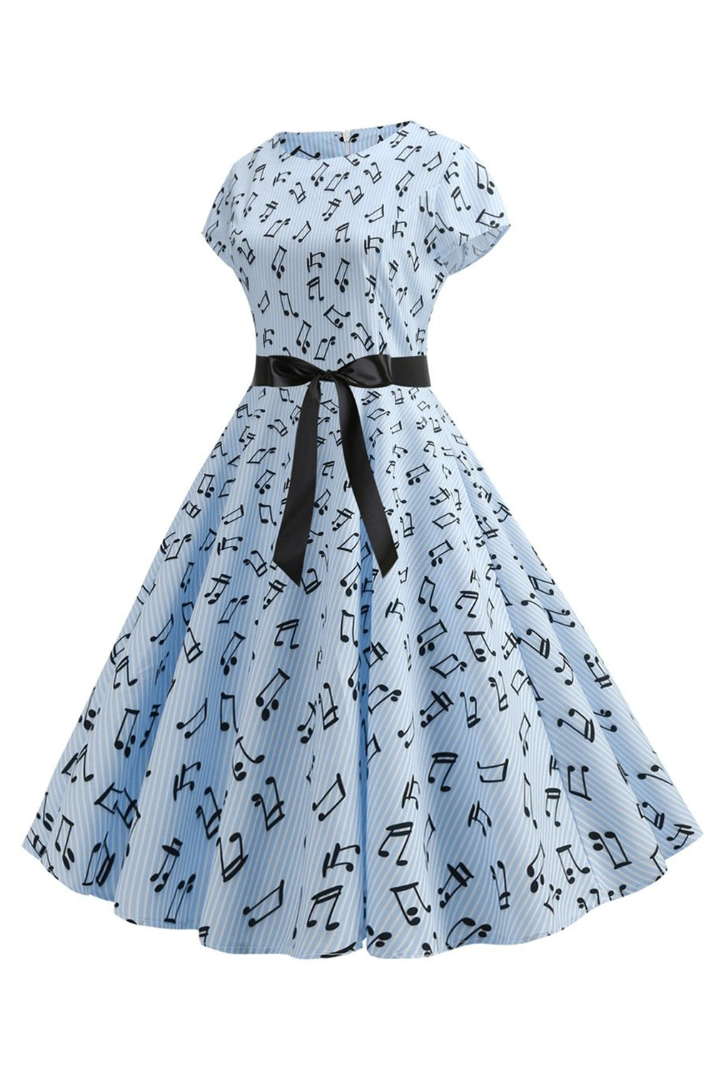 Hellblaues bedrucktes Kleid mit Flügelärmeln aus den 1950er Jahren