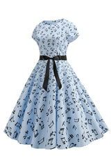 Hellblaues bedrucktes Kleid mit Flügelärmeln aus den 1950er Jahren