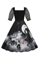 A-Linie Schwarzes Vintage Kleid mit Halloween Druck