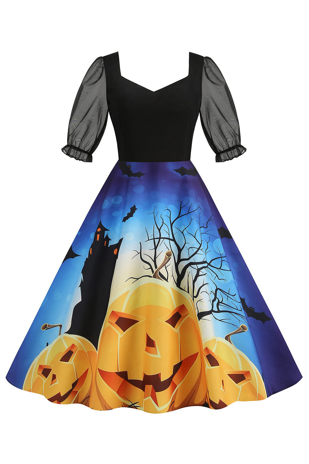 A-Linie Schwarzes Vintage Kleid mit Halloween Druck