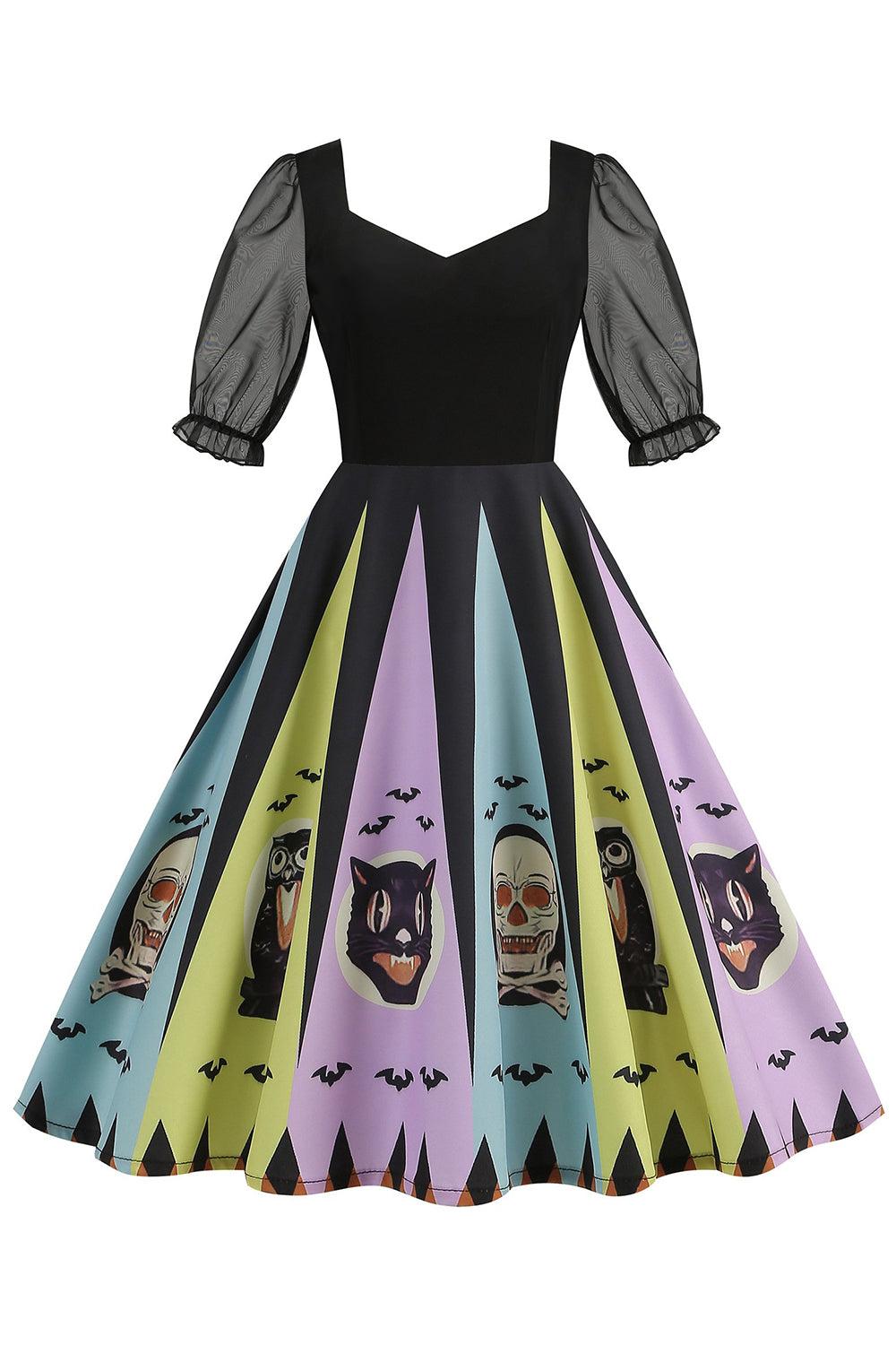 A-Linie Schwarzes Vintage Kleid mit Halloween Druck