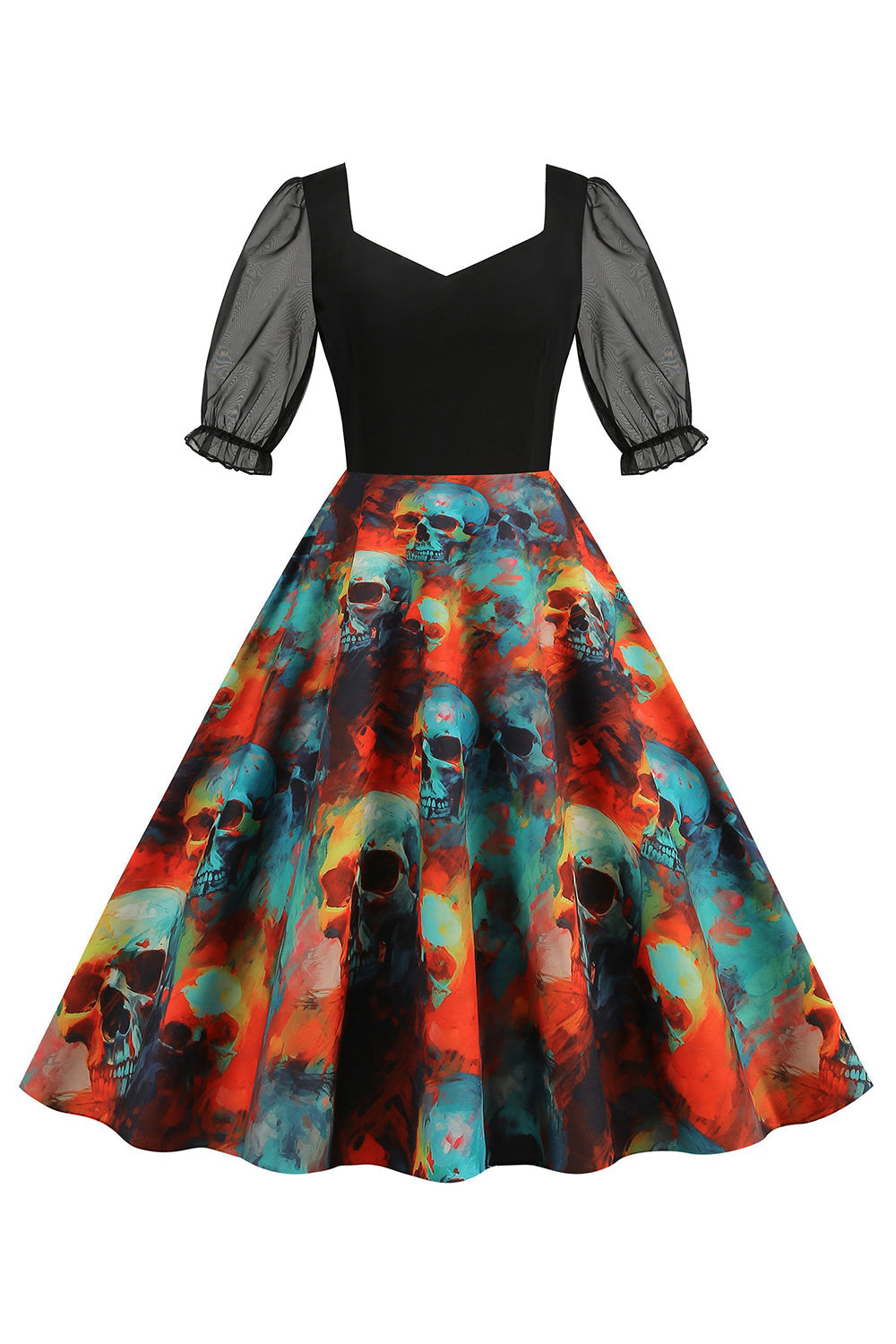 A-Linie Schwarzes Vintage Kleid mit Halloween Druck