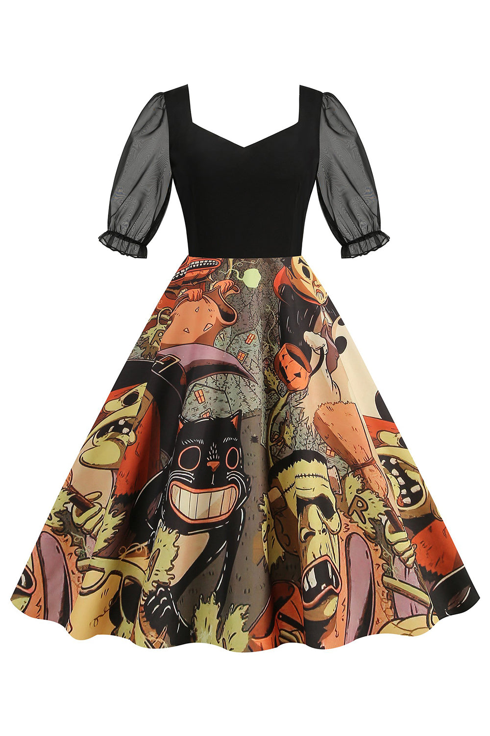 A-Linie Schwarzes Vintage Kleid mit Halloween Druck
