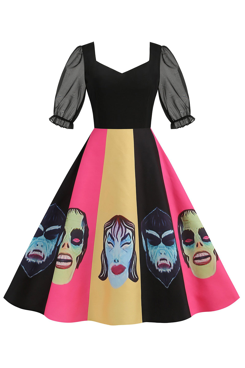 A-Linie Schwarzes Vintage Kleid mit Halloween Druck