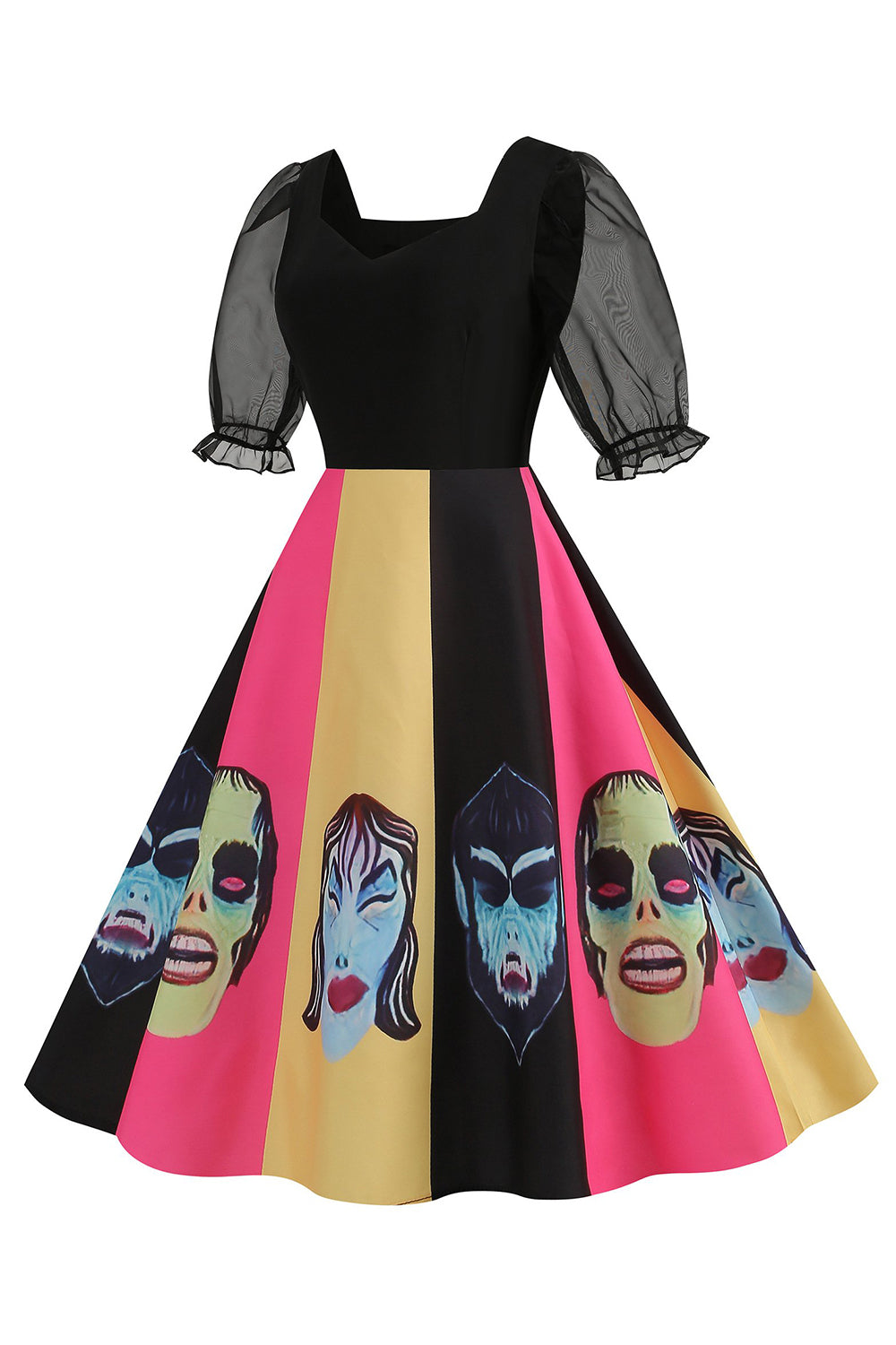 A-Linie Schwarzes Vintage Kleid mit Halloween Druck