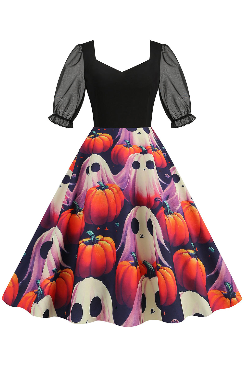 A-Linie Schwarzes Vintage Kleid mit Halloween Druck