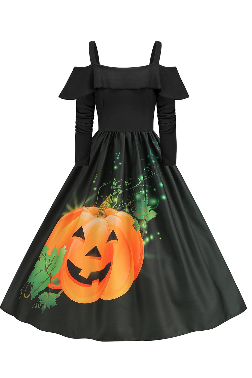 Halloween Kürbis bedrucktes schwarzes Kalte Schulter VIntage Kleid