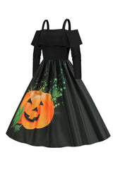 Halloween Kürbis bedrucktes schwarzes Kalte Schulter VIntage Kleid