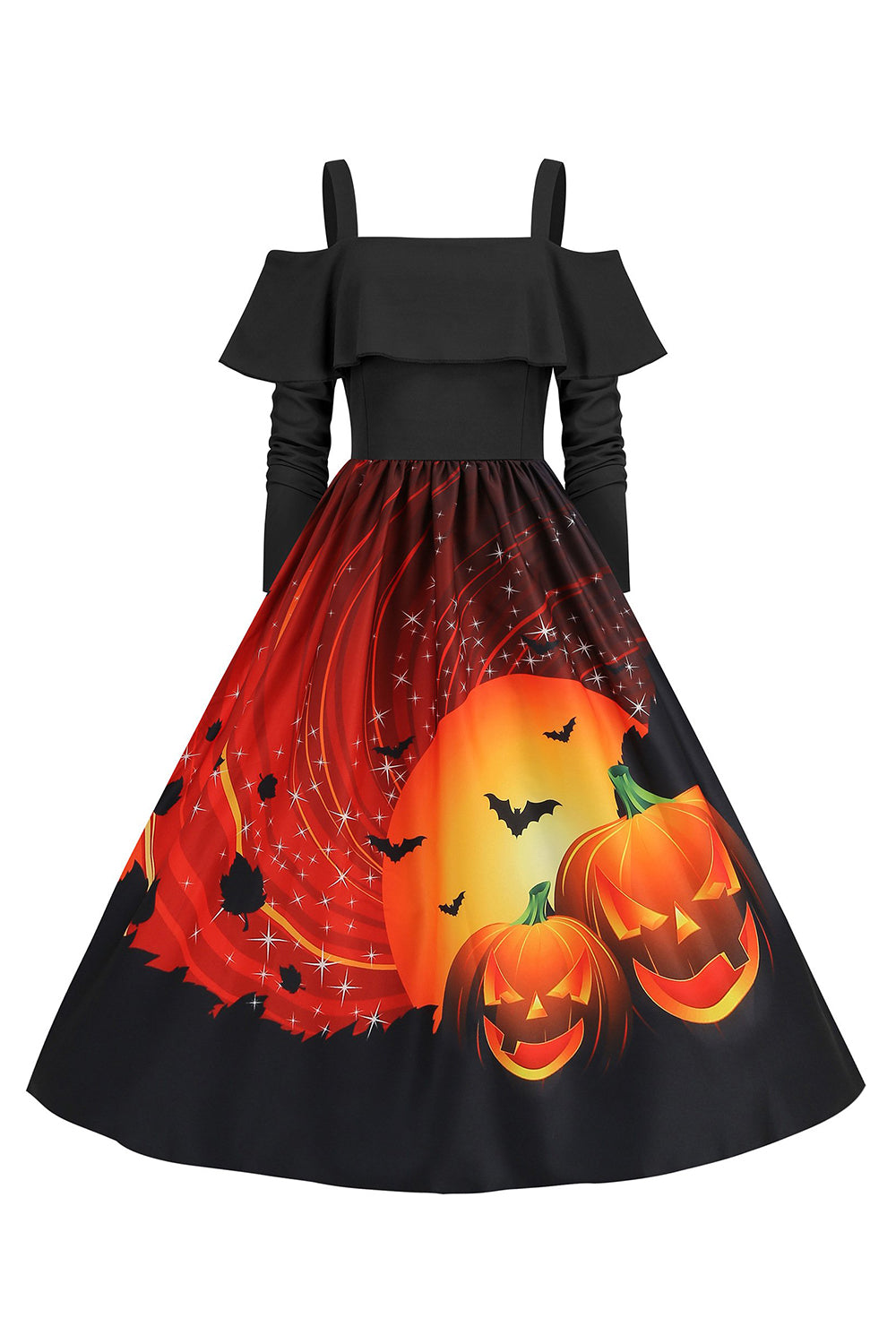 Halloween Kürbis bedrucktes schwarzes Kalte Schulter VIntage Kleid