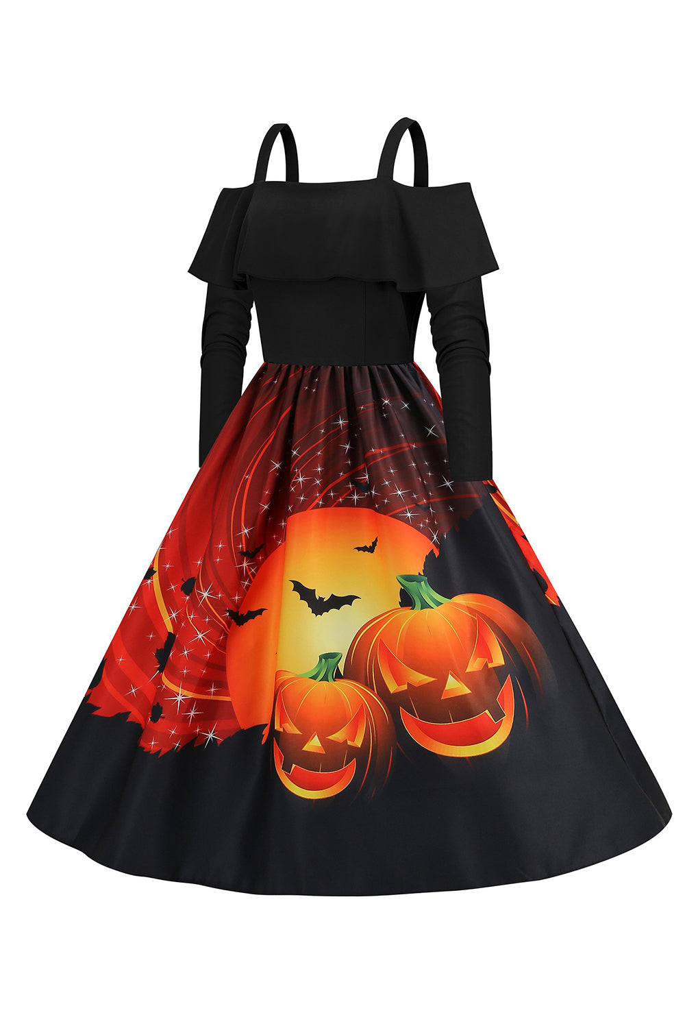 Halloween Kürbis bedrucktes schwarzes Kalte Schulter VIntage Kleid