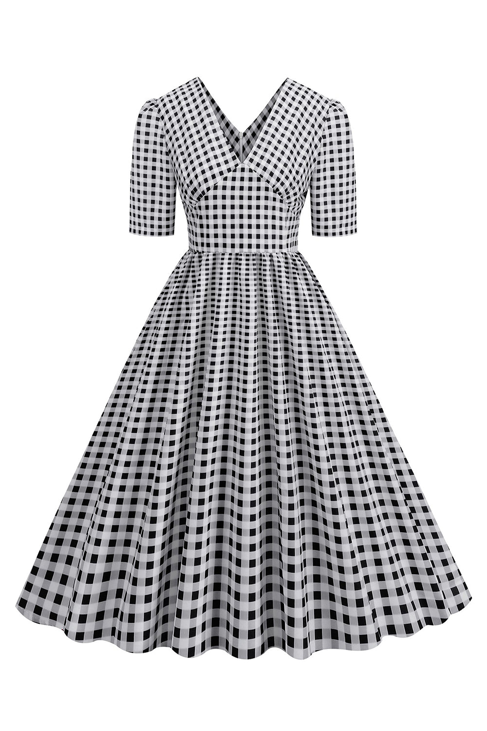 Schwarzes V-Ausschnitt kariertes Kleid mit kurzen Ärmeln aus den 1950er Jahren