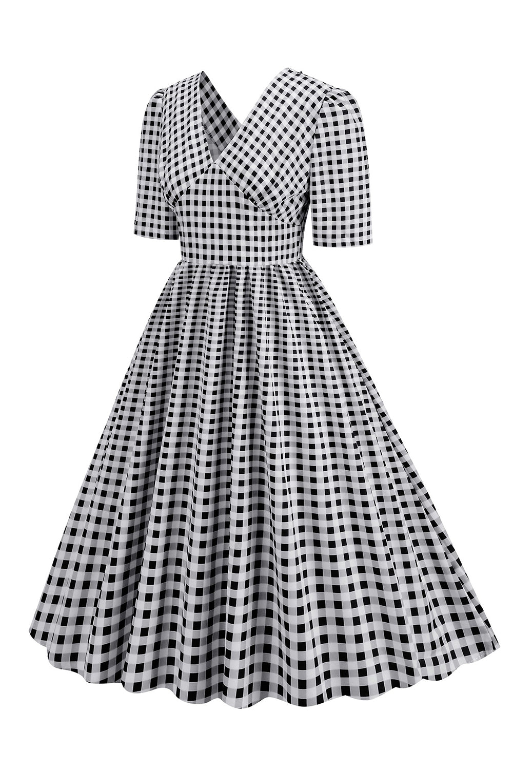 Schwarzes V-Ausschnitt kariertes Kleid mit kurzen Ärmeln aus den 1950er Jahren