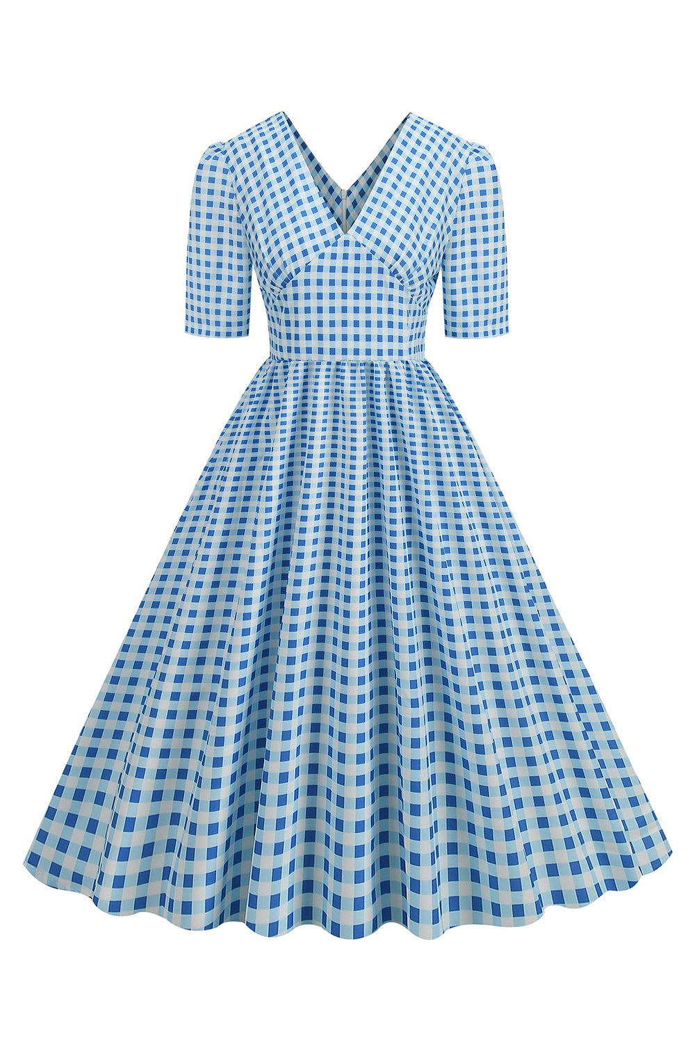 Schwarzes V-Ausschnitt kariertes Kleid mit kurzen Ärmeln aus den 1950er Jahren