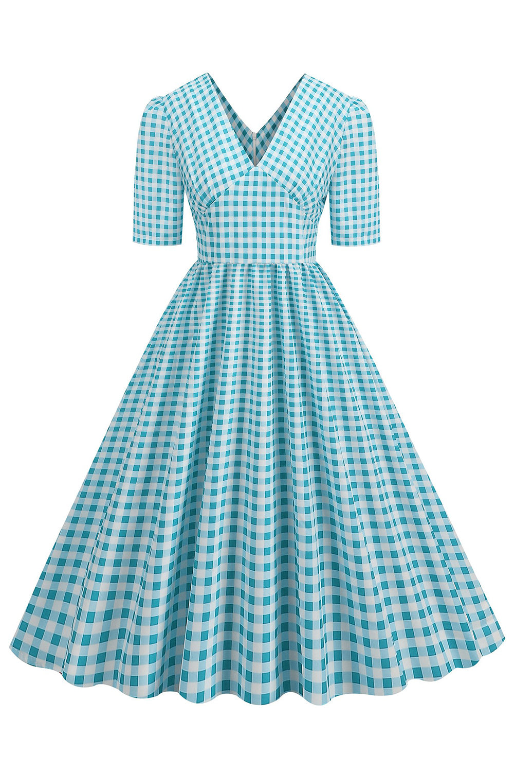 Schwarzes V-Ausschnitt kariertes Kleid mit kurzen Ärmeln aus den 1950er Jahren