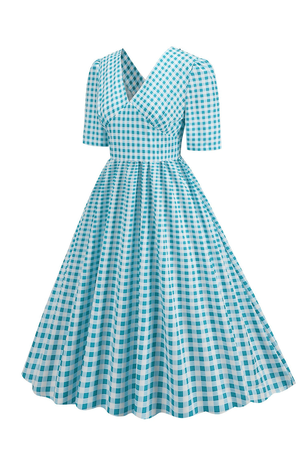 Schwarzes V-Ausschnitt kariertes Kleid mit kurzen Ärmeln aus den 1950er Jahren