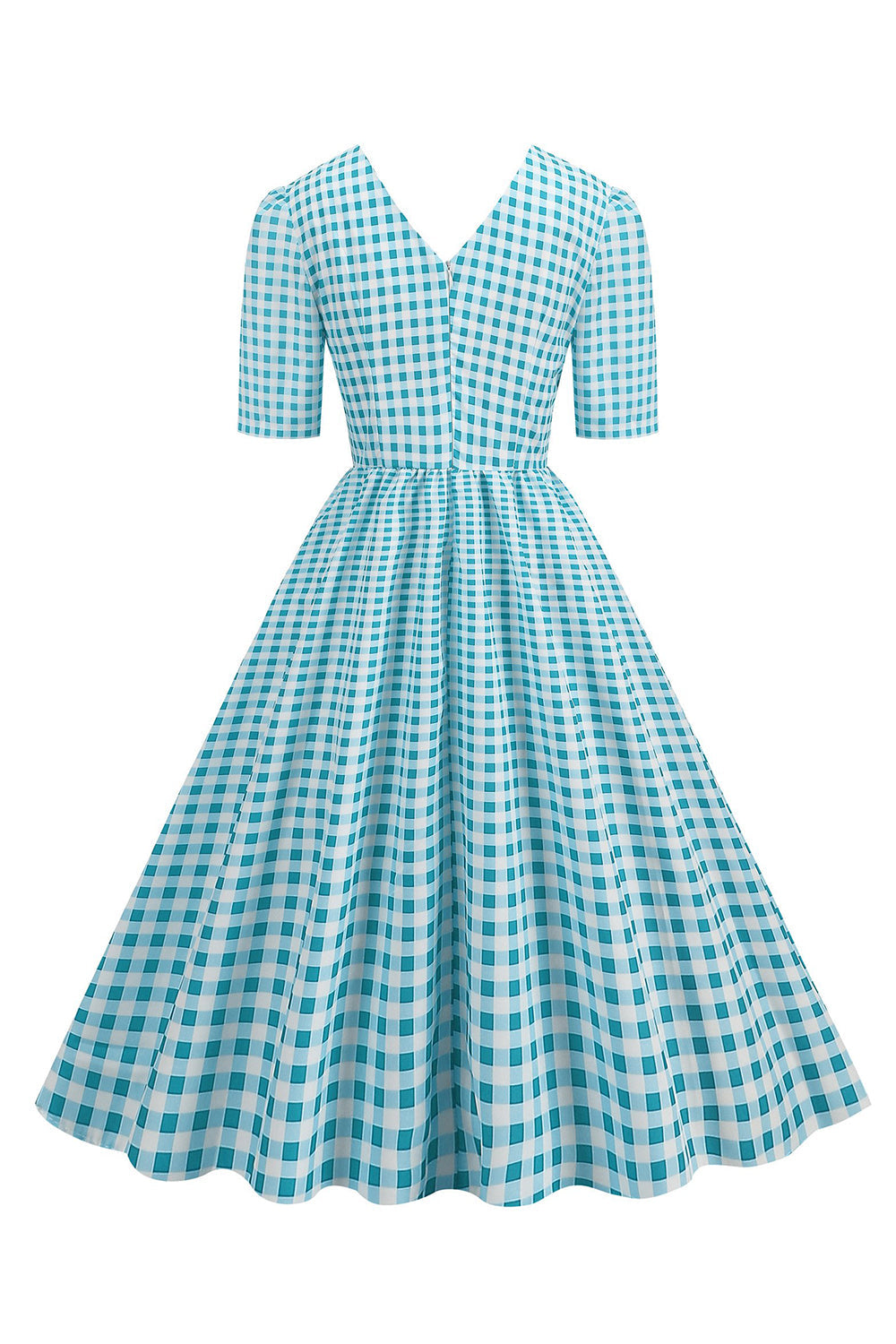 Schwarzes V-Ausschnitt kariertes Kleid mit kurzen Ärmeln aus den 1950er Jahren