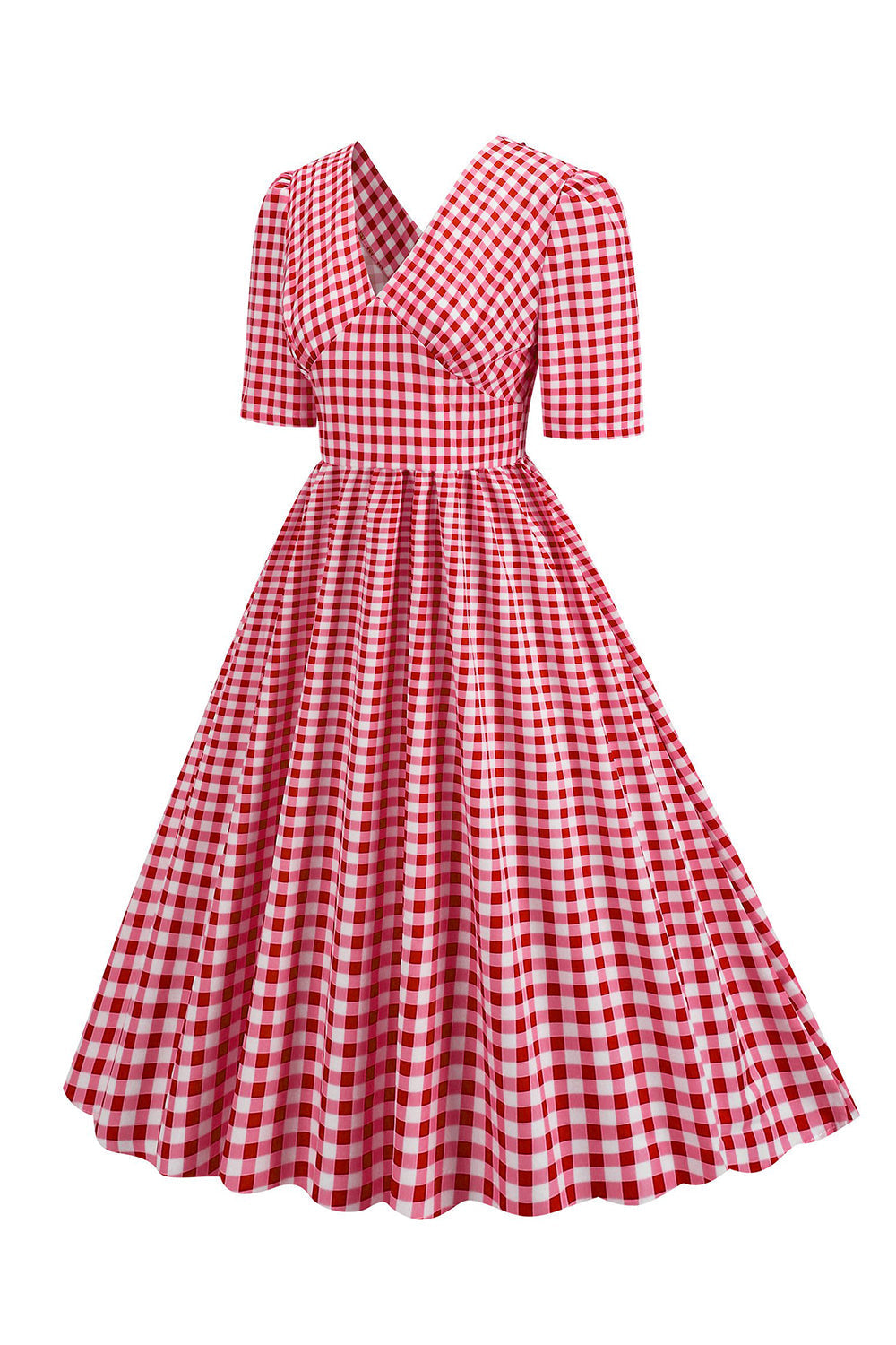Schwarzes V-Ausschnitt kariertes Kleid mit kurzen Ärmeln aus den 1950er Jahren