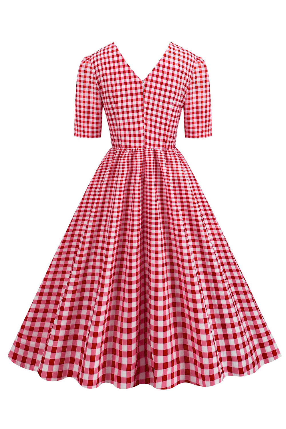 Schwarzes V-Ausschnitt kariertes Kleid mit kurzen Ärmeln aus den 1950er Jahren
