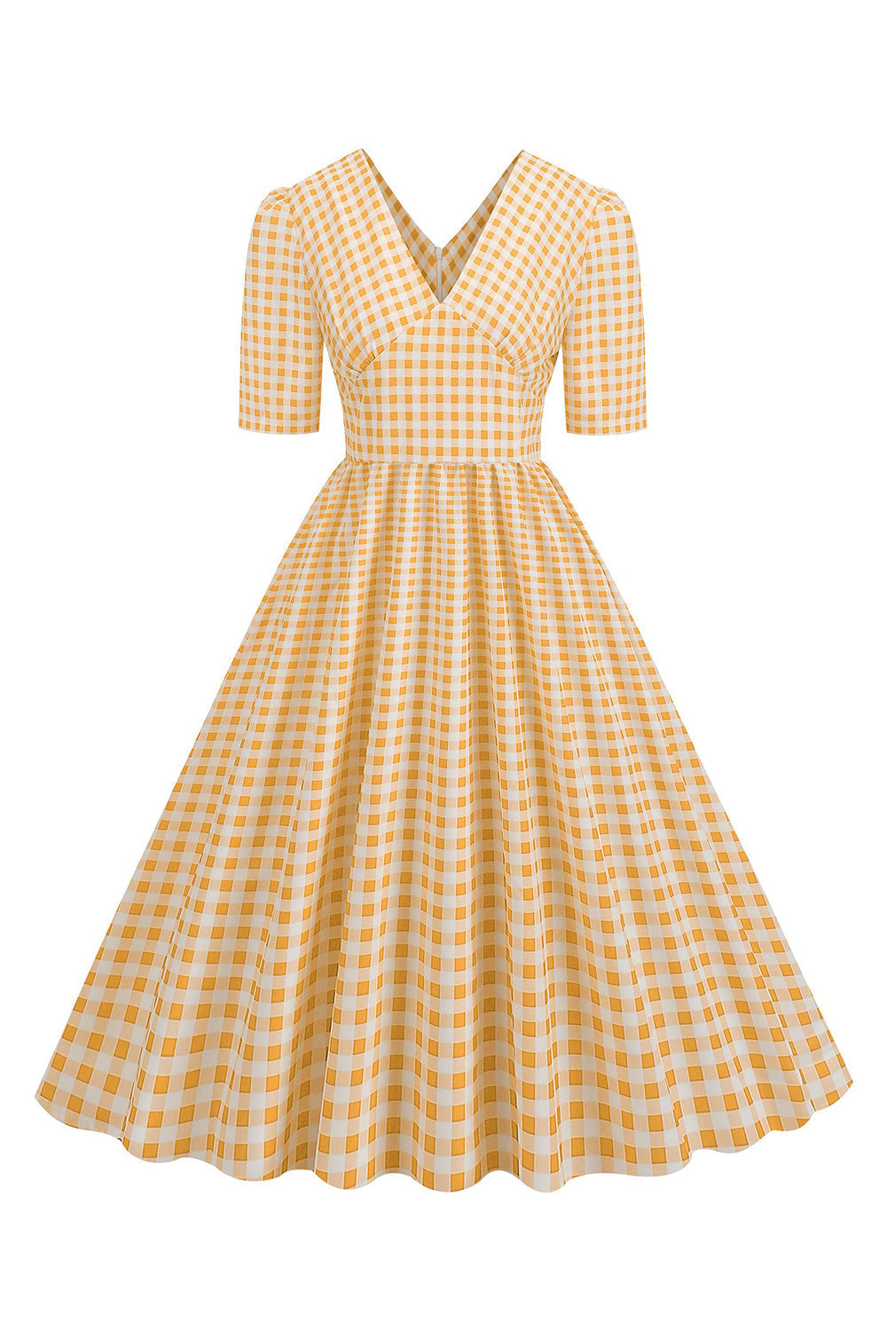 Schwarzes V-Ausschnitt kariertes Kleid mit kurzen Ärmeln aus den 1950er Jahren