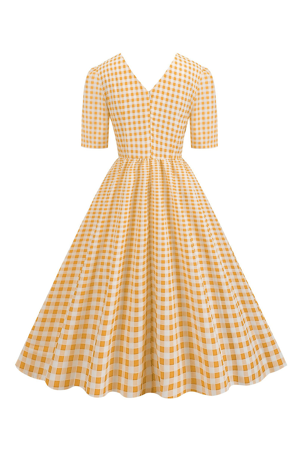 Schwarzes V-Ausschnitt kariertes Kleid mit kurzen Ärmeln aus den 1950er Jahren