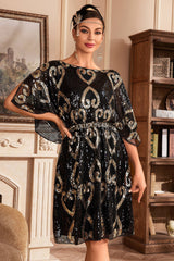 Schwarzes Glitzer Paillettenkleid aus den 1920er Jahren mit Fledermausärmeln