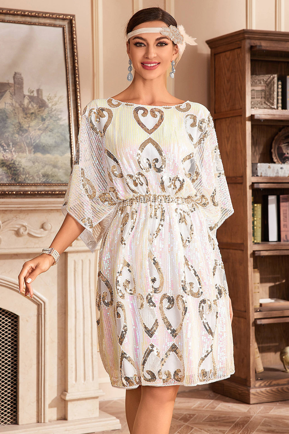 Weißes glitzerndes Fledermauskleid aus den 1920er Jahren mit Pailletten