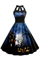 Blaues Vintage Kleid mit Halloween Drucken