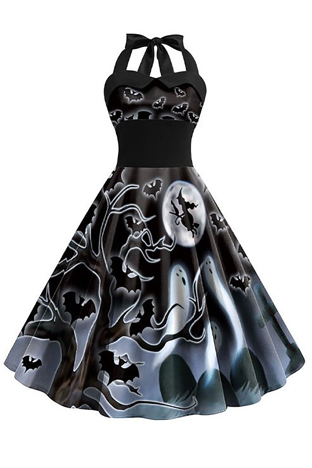 Blaues Vintage Kleid mit Halloween Drucken